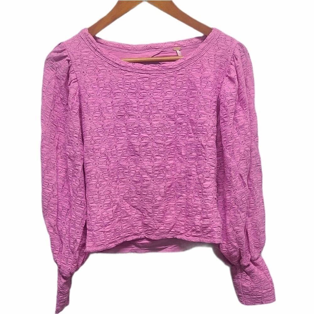 Free People Tea Time Lace Cropped Top Puff Sleeve Pink Size Large NEW - Picture 6 of 9
